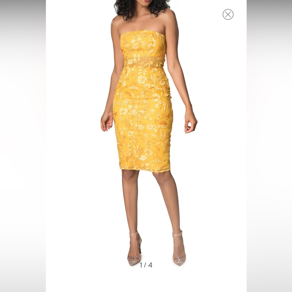 Dress The Population Ynez 3D Floral Embellished Strapless Dress light Amber Sz M